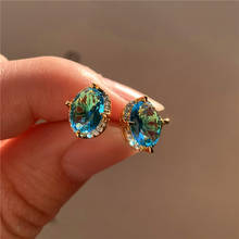 Luxury Female Rainbow Crystal Earrings Charm Gold Silver Color Small Stud Earrings Blue Oval Zircon Wedding Earrings For Women 2024 - buy cheap