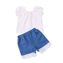 2021 1-6Y Kids Baby Girl Clothing Puff Short Sleeve White Solid Blouse Top+Lace Denim Shorts Summer Outfits Fashion 2pcs Set 2024 - buy cheap