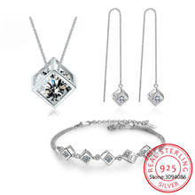 925 стерлингового серебра роскошный блестящий квадратный ожерелье куб серьги, браслет для женщин, подарок циркония Подарок на годовщину 2024 - купить недорого