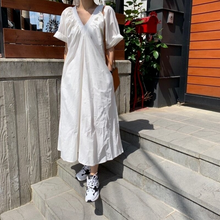 Summer Dress Women Vintage Puff Sleeve Pleated Solid V Neck Loose Cotton Mid Dress Fashion Korean Style Soft Thin Female Dresses 2024 - buy cheap