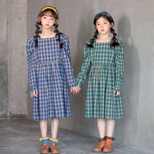 Autumn Winter Plaid Print Dress For Baby Girls Puff Sleeve Soft Cotton Mid Length Gowns 5-14y Girls Loose Sweet Party Dresses 2024 - buy cheap