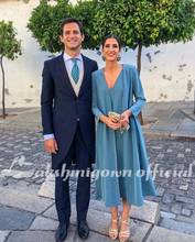 Vestidos sencillos con cuello en V para madre de la novia o novio, vestidos de fiesta de boda con chaqueta larga, atuendo de 2 piezas, largo hasta el té azul 2024 - compra barato