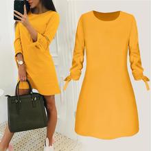 MISSKY 2019 Spring Summer Women Dress New OL Solid Color Dress Casual O-neck 3/4 Sleeve Bow A-line Plus Female Vestidos 2024 - buy cheap