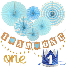 FIRST BIRTHDAY DECORATION SET FOR BOY- 1st Baby Boy Birthday Party Blue Hat Crown I AM ONE Banner Gold Blue Hanging Paper Fan 2024 - buy cheap