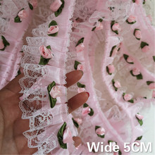 Tecido de renda 3d rosa 5cm de largura, algodão, renda plissada, fita bordada, guarnição para diy, vestidos de casamento, costura, decoração de casa 2024 - compre barato