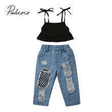 Жилет для маленьких девочек, топ + рваные джинсы с сеточкой, комплект из 2 предметов, летняя модная одежда, 2019 2024 - купить недорого