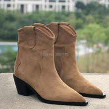 2018 New Women Cowboy Boots Western Style Ankle Boots Pointed Toe Low Block Heels Black Tan Cow Suede Botas Winter Boots Women 2024 - buy cheap