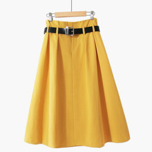 PEONFLY Spring Summer Skirt Women With Belt Korean Fashion Knee Length High Waist Pleated A-line School Skirt Female 2024 - buy cheap