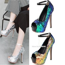 2019 Sexy 13.5 CM High Heels Woman Pumps Bling Sequined Cloth Open Toe Fashion Platform Pumps Summer Woman Party Dress Shoes 2024 - buy cheap