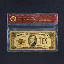 Dinero de papel chapado en oro de 10 dólares, hoja de oro de 24k, billetes con marco de plástico, regalos de recuerdo 2024 - compra barato