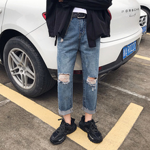 2019 Men's Fashion Trend Cowboy Casual Straight Pants Holes Baggy Homme Classic Jeans men Blue Color Biker Denim Trousers 2024 - buy cheap