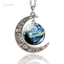 Colgante Vintage de luna creciente para hombre y mujer, collar de cabujón de cristal con pintura al óleo de Van Gogh, joyería de moda de media luna 2024 - compra barato