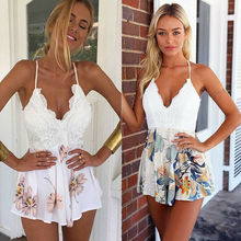 Women Summer Sexy Sleeveless V-Neck Holiday Playsuit Romper Ladies Boho Backless Lace Floral Playsuits 2024 - buy cheap