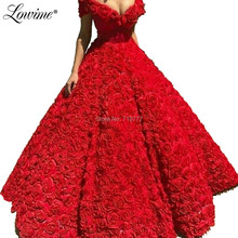 Red V Neck Evening Dresses Puffy Prom Dress With Short Sleeves Flower Long Arabic Party Dress Gown For Weddings 2019 Vestidos 2024 - buy cheap