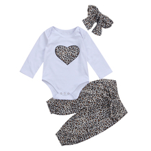 Ropa para bebé recién nacido, niño y niña, ropa Floral de leopardo, Pelele de manga larga con corazón + Pantalones florales + conjunto de diadema 2024 - compra barato