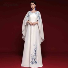 Chinese Traditional Evening Dress With Showl Qi Pao Women Blue White Long Cheongsam Modern Oriental Style Fashion Show Qipao 2024 - buy cheap