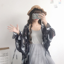 Summer Cardigan See Through Blouse Plus Size Loose Black Batwing Sleeve Japan Style Kimono Chiffon Blouse Femme Harajuku 2024 - buy cheap