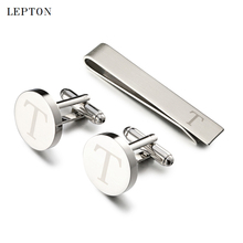 Lepton Round Laser Letter Cufflinks And Tie Clips Set  Letters T Cuff links For Mens French Shirt Cuffs Cufflink Relojes Gemelos 2024 - buy cheap