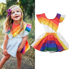 1-5Y Summer Pretty Cute Toddler Kids Baby Girls Romper Dress Ruffles Sleeve Backless Belt Rainbow Print A-Line Dress 2024 - buy cheap