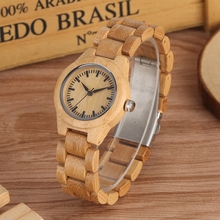 Reloj minimalista de madera pura para mujer, pulsera de cuarzo de banda completa a rayas pequeñas, ajustable, para chicas, Woody, único 2024 - compra barato