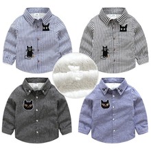 2 3 4 5 6 7 8 Years Boys Shirts Plus Velvet Cat Stripe Long Sleeves Shirts Baby Boy Clothes Children Clothing Kids Tops Shirt 2024 - buy cheap