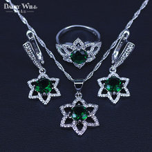 Bridal  Silver Color Jewelry Sets Green Zircon Stone Earrings For Women costume Jewelry set Ring Pendant Necklace set 2024 - buy cheap