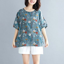 Camiseta con estampado Floral para mujer, Tops de lino y algodón, camiseta informal holgada, camiseta coreana 2021 2024 - compra barato