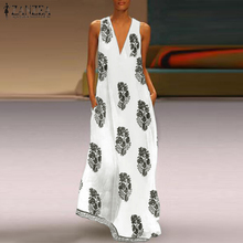 2020 Summer Bohemian Dress ZANZEA Women Sexy Sleeveless Deep V Neck Leaf Printed Sundress Vintage Beach Long Maxi Vestidos Robe 2024 - buy cheap