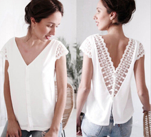 Top Loose Backless Lace V-neck Shirts Fashion Ladies Casual Blouse Tops Shirt Women Short Sleeve Blouse Summer Clothes 2024 - buy cheap