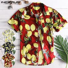 INCERUN Summer Cotton Casual Shirt Men Lemon Print Lapel Neck Short Sleeve Tops Streetwear Beach Hawaiian Shirt Men Camisa 2020 2024 - buy cheap