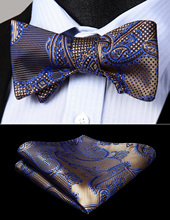 Paisley Brown Blue Men Self Bow Tie Classic Woven Silk Pocket Square Set BP947ZS Party Wedding Bow Tie handkerchief set 2024 - buy cheap