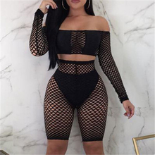 Sexy Women two piece set Summer Long Sleeve See Through Mesh Fishnet Crop Top and short Pants Set Beach Cover Up Solid костюм же 2024 - купить недорого