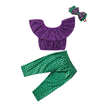 New Arrivels Kids Baby Girl Mermaid Ruffle Crop Tops Long Pants 3PCS Outfit Summer Clothes 2024 - buy cheap