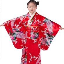 Детское шелковое платье с цветочным принтом и павлином, халат, кимоно для девочек в японском стиле, детские танцевальные костюмы для выступлений 2024 - купить недорого