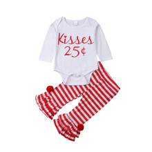 Комплекты одежды на Рождество для малышей боди с длинными рукавами для маленьких девочек, топы с оборками, расклешенные штаны, комплект одежды на возраст от 0 до 18 месяцев 2024 - купить недорого
