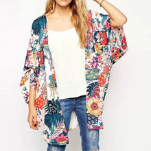 Mujeres Bohemia vacaciones playa moda floral suelto chal Kimono Boho gasa Tops Boho blusa Boho sandy Sun Shirt Top con protección solar 2024 - compra barato