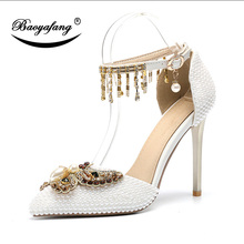 BaoYaFang 2019 NEW ARRIVE Ankle Strap Wedding shoes Woman High heeled pointed toe 11cm Bridal Sweet Party dress shoes 2024 - buy cheap