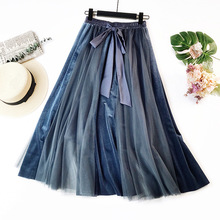 Women Elastic High Waist Tulle Mesh Skirt Long Pleated Tutu Skirt Female Fashion Lace up Vintage Skirts Midi Skirt 2024 - buy cheap