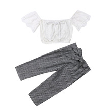 New Toddler Kids Baby Girl Off Shoulder Lace Tops Plaid Pants Leggings Outfits Summer Sunsuit 2024 - buy cheap