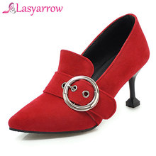Lasyarrow Punk Style Big Buckle Ladies Spring Pumps 2019 Thin High Heels Pointed Tie Casual Plus Size Footwear Shallow Pumps 2024 - buy cheap