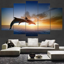 HD Printed Modular Pictures Frame Canvas Home Wall Art Decor 5 Pieces Jumping Dolphins Animal Painting Sunset Seascape Poster 2024 - buy cheap