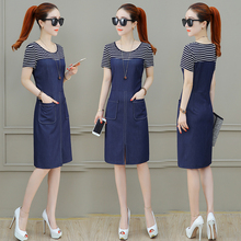 2019 new summer women denim dress large 4XL Slim short-sleeved stitching lace Korean women striped O-neck casual dress female p4 2024 - buy cheap