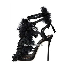 2019 Fashion Tassels Lace Black Woman Sandals Open Toe High Heel Ladies Stiletto Shoes Ankle Strap Elegant Party Dress Sandals 2024 - buy cheap