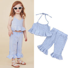 Citgeett Toddler Kids Baby Girl Summer Striped Plaid Blue Ruffle Tops Flared Pants Outfits Summer Cute Clothes 2024 - buy cheap