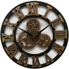 Hot 3D large classic vintage wooden wall clock retro gear hanging clock Roman numeral horologe European style decor living room 2024 - buy cheap