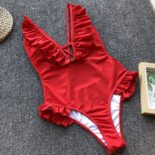 Красный сексуальный женский купальник с глубоким v-образным вырезом, Цельный купальник с высокой талией, оборками и открытой спиной, Женский монокини с пуш-апом, большие размеры, с открытой спиной 2024 - купить недорого