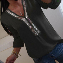 Blusa de manga larga con cuello en V para verano, camisa Sexy con lentejuelas para mujer, talla grande 2024 - compra barato
