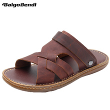 Middle aged And Old Man Leather Sandals Fahsion Summer Beach Slides Shoes Casual Slippers Nonslip TPR Outsole 2024 - buy cheap