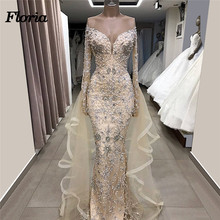 Champagne Beaded Long Evening Dresses 2019 New Arabic Couture Dubai Formal Prom Dress Abendkleider Sexy Off Shoulder Party Gowns 2024 - buy cheap