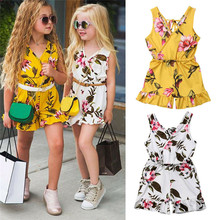 Macacão floral de verão para bebês, meninas, boho, sem mangas, flores, gola em v, calças flare, roupas de praia para crianças, 1-6 anos 2024 - compre barato